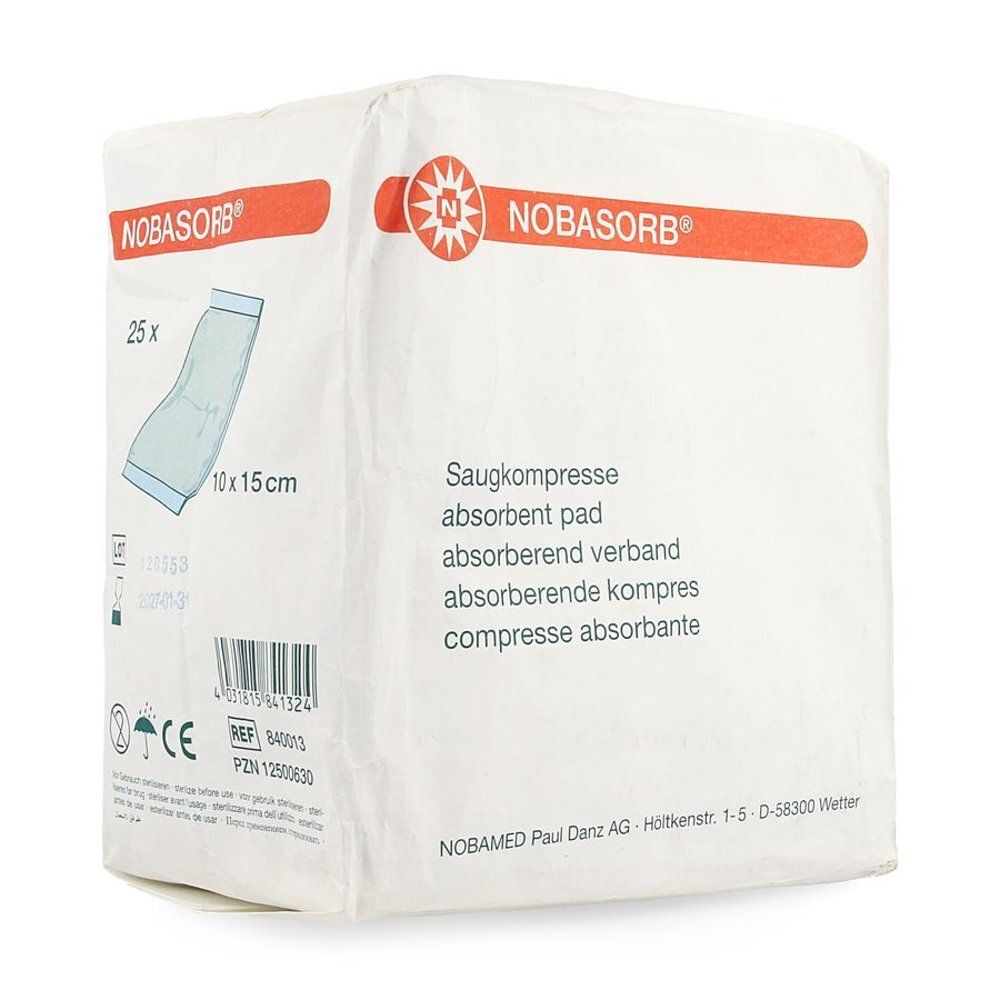 Emballage de compresses absorbantes NOBASORB®. 25 unités, 10 x 15 cm. Nom et logo du produit sur fond blanc. Inscriptions multilingues.