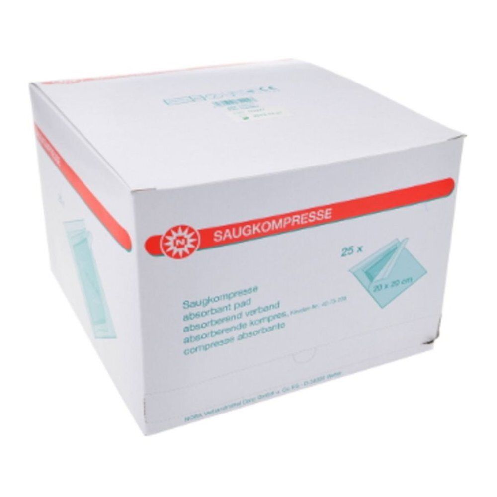 Witte verpakking met rode streep en logo. Opschrift: Saugkompresse, 25 stuks, 20 x 20 cm.