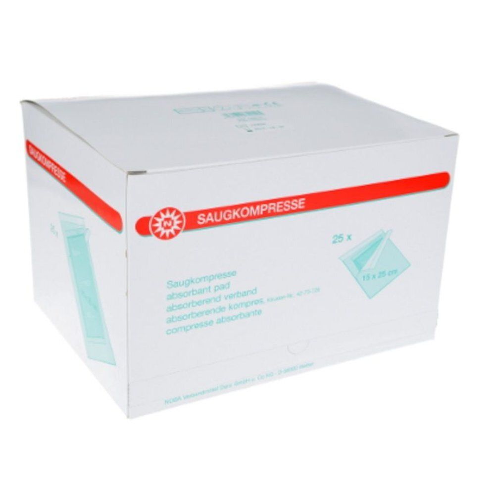 Boîte blanche avec ligne rouge et inscription SAUGKOMPRESSE. Illustration d'une compresse. 25 pièces, 15 x 25 cm.
