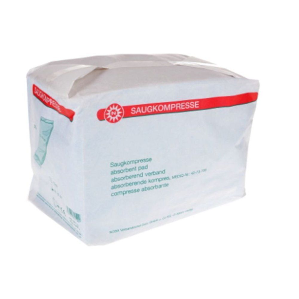 Emballage de compresses absorbantes. Boîte blanche avec texte et logo rouges. Inscription : Saugkompresse, pansement absorbant.