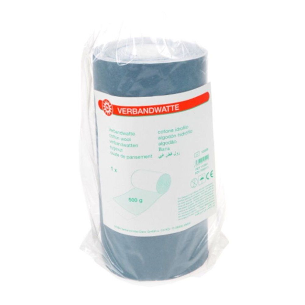 Gerolde verbandwatten in transparante verpakking. Etiket met productnaam en gewicht.