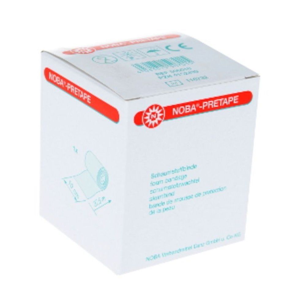 Boîte blanche avec texte rouge NOBA-PRETAPE. Illustration du produit et indication de taille. Désignations multilingues du produit.