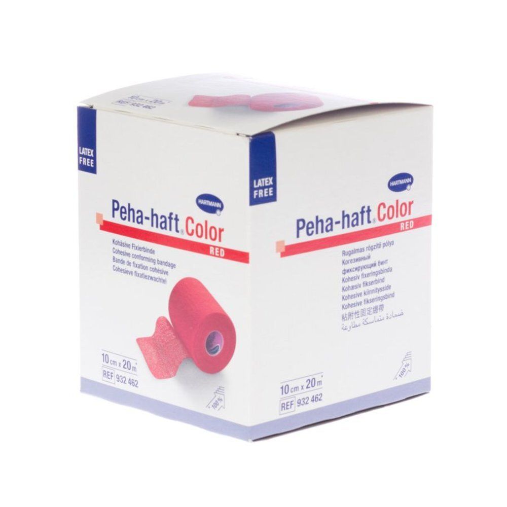Verpakking van Peha-haft. Rode rol en uitgerold verband. 10cm x 20m. Latexvrij. Opschrift: Zelfklevend fixatieverband.