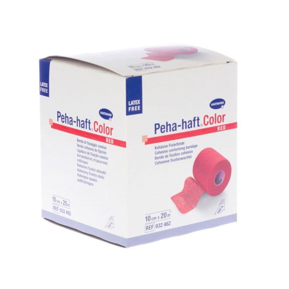 Verpakking van Peha-haft. Rode rol en uitgerold verband. 10cm x 20m. Latexvrij. Opschrift: Zelfklevend fixatieverband.