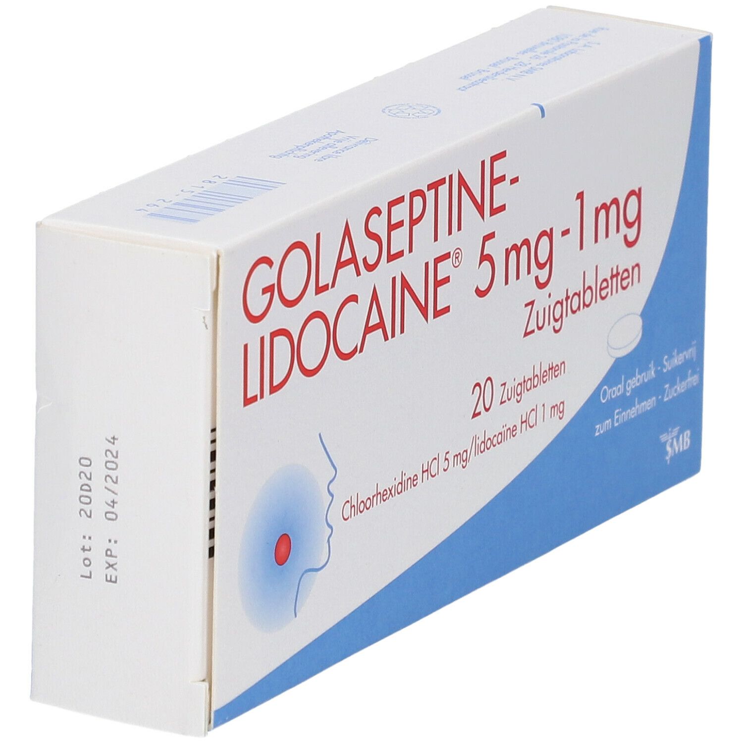 Doosje Golaseptine-Lidocaïne. Opschrift: 5 mg-1 mg, 20 zuigtabletten. Illustratie van een keel. Blauw en witte verpakking.