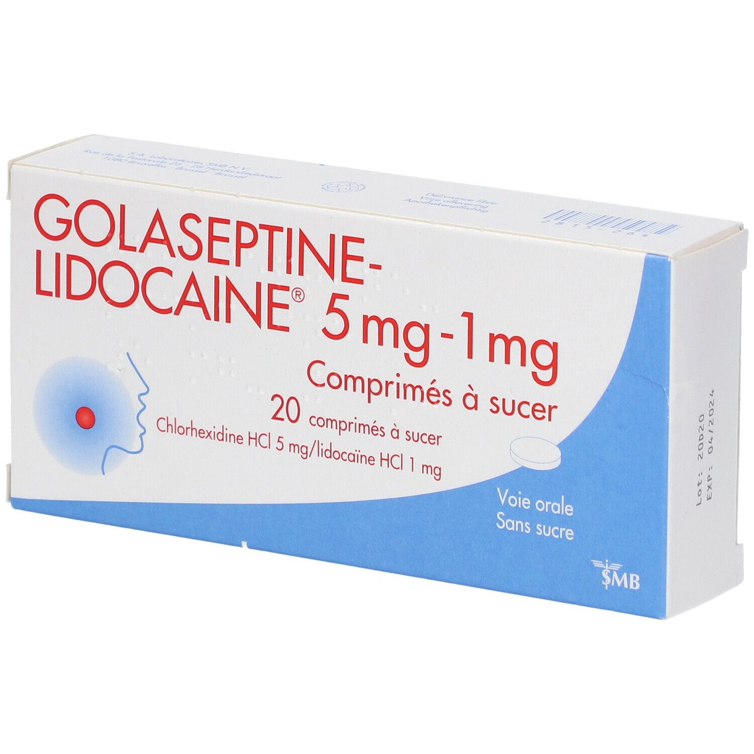 Doosje Golaseptine-Lidocaïne. Opschrift: 5 mg-1 mg, 20 comprimés à sucer. Illustratie van een keel. Blauw en witte verpakking.