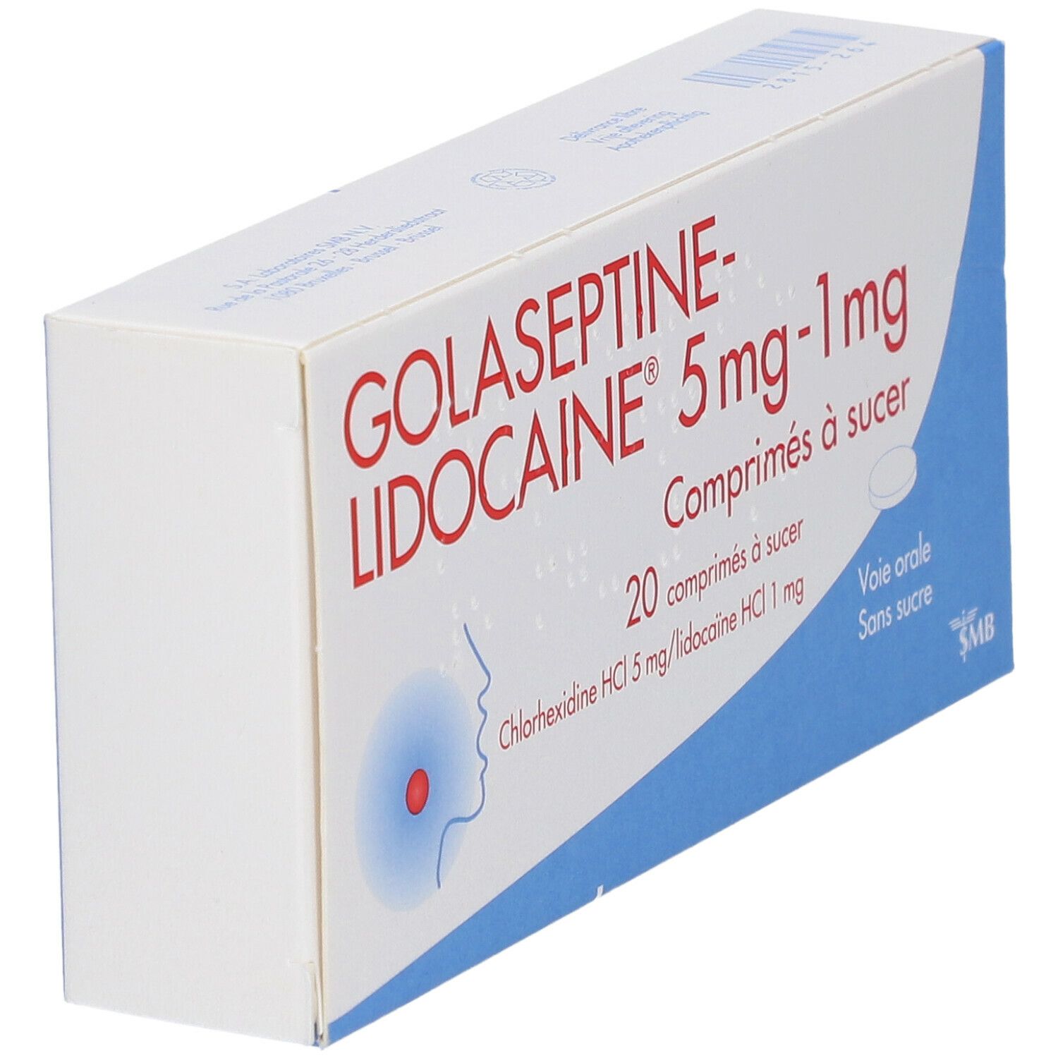 Doosje Golaseptine-Lidocaïne. Opschrift: 5 mg-1 mg, 20 comprimés à sucer. Illustratie van een keel. Blauw en witte verpakking.
