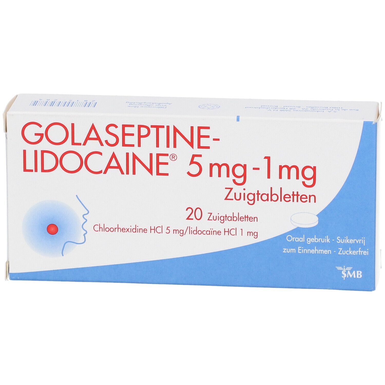 Doosje Golaseptine-Lidocaïne. Opschrift: 5 mg-1 mg, 20 zuigtabletten. Illustratie van een keel. Blauw en witte verpakking.