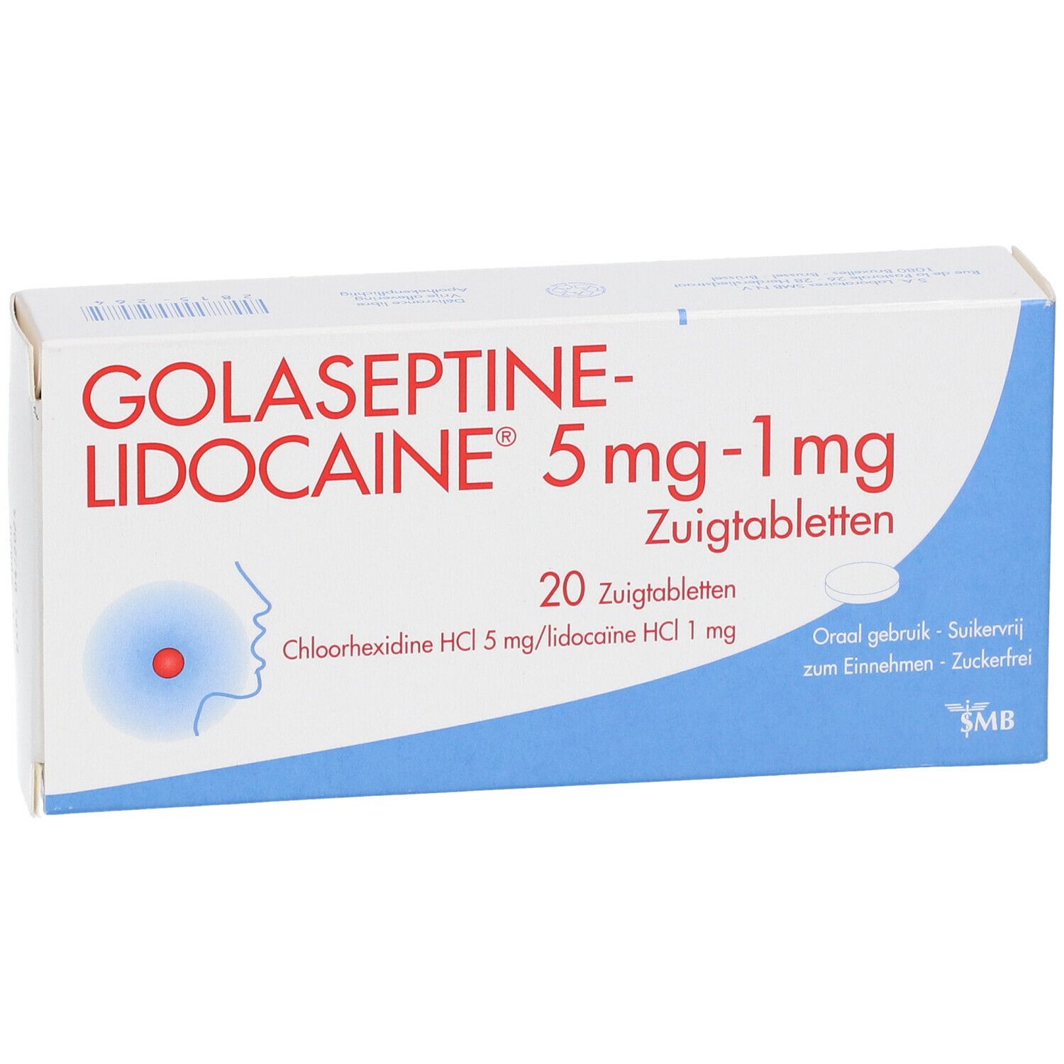 Doosje Golaseptine-Lidocaïne. Opschrift: 5 mg-1 mg, 20 zuigtabletten. Illustratie van een keel. Blauw en witte verpakking.