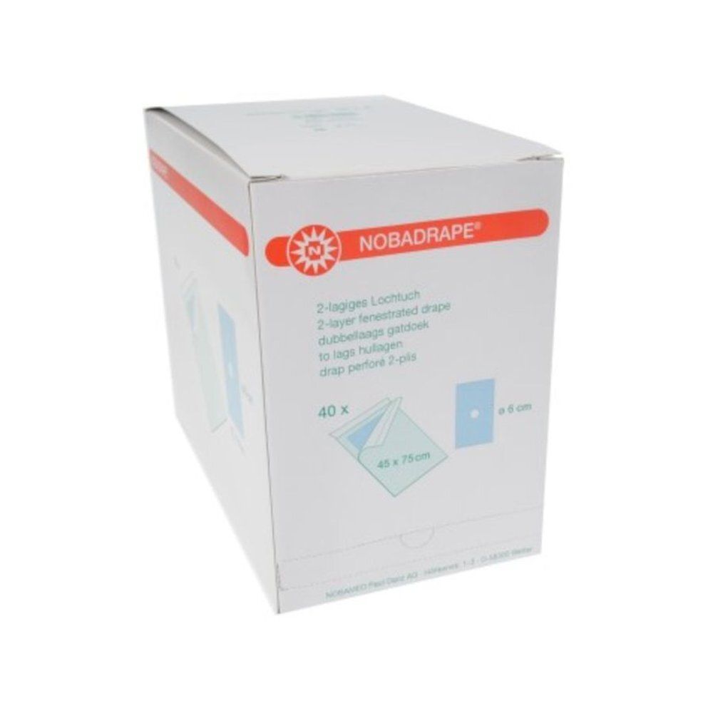 Witte kartonnen verpakking. Opschrift: NOBADRAPE®. Bevat 40 steriele afdeklakens. Afmeting: 45 x 75 cm. Met gat.