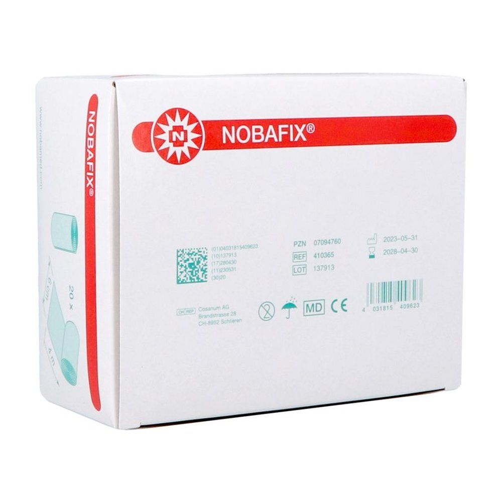 Witte verpakking met rode streep en NOBAFIX® tekst. Logo met rode ster en N. Bedrukking met productinformatie en MD CE-markering.