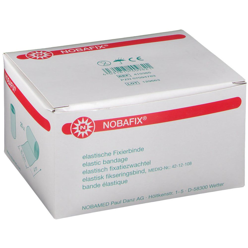 Boîte de Nobafix® bandage élastique. Inscriptions : Nobafix®, bandage élastique, marquage CE. Illustration du bandage.
