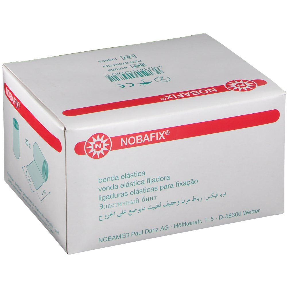 Boîte de Nobafix® bandage élastique. Inscriptions : Nobafix®, bandage élastique, marquage CE. Désignations multilingues du produit.