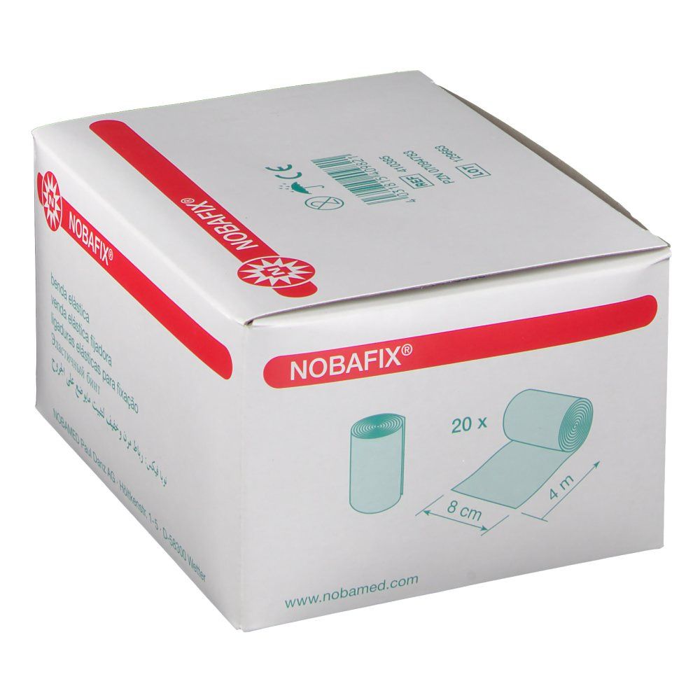 Boîte de Nobafix® bandage élastique. Inscriptions : Nobafix®, bandage élastique, marquage CE. Illustration : 20 bandages, 8 cm x 4 m.