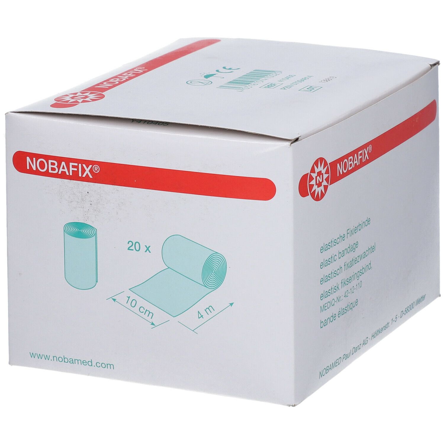 Boîte blanche avec ligne rouge et logo. Illustration: rouleau et bandage roulé. Texte: 10 cm x 4 m.