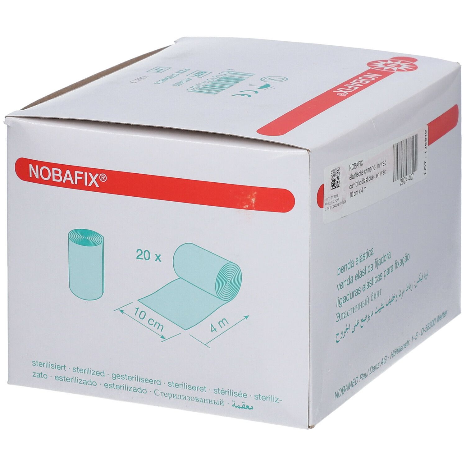 Boîte blanche avec ligne rouge et logo. Illustration: rouleau et bandage roulé. Texte: 10 cm x 4 m. Stérilisé.
