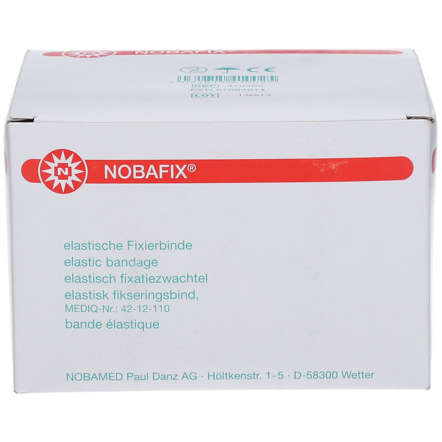 Boîte blanche avec ligne rouge et logo. Texte: bandage élastique, elastic bandage, fixation élastique, fixation élastique, bande élastique.