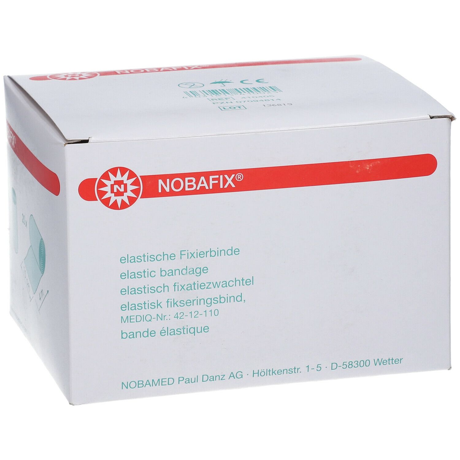 Boîte blanche avec ligne rouge et logo. Texte: bandage élastique, elastic bandage, fixation élastique, fixation élastique, bande élastique.