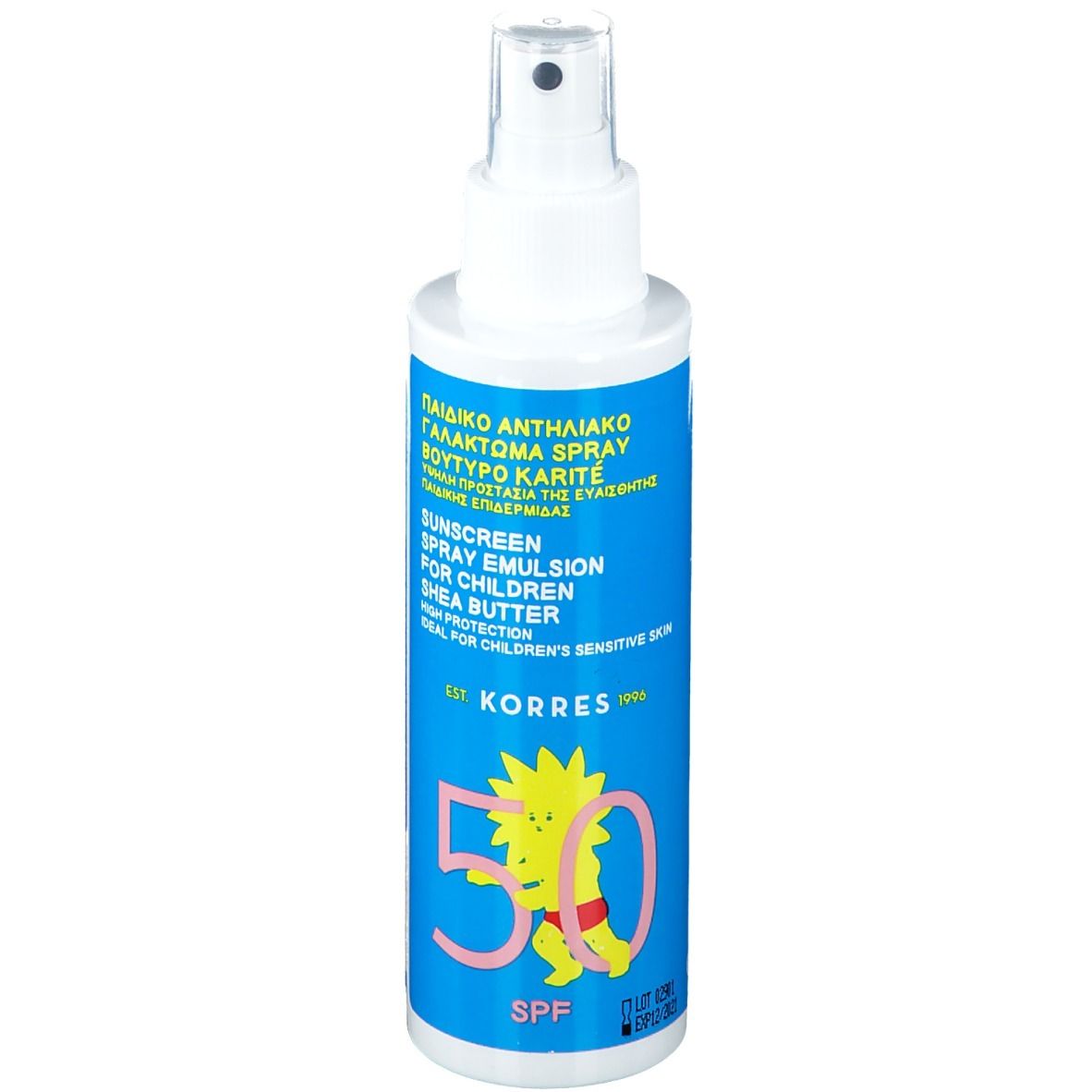 Émulsion solaire pour enfants. Flacon bleu avec vaporisateur blanc. SPF 50. Logo KORRES et dessin enfant.