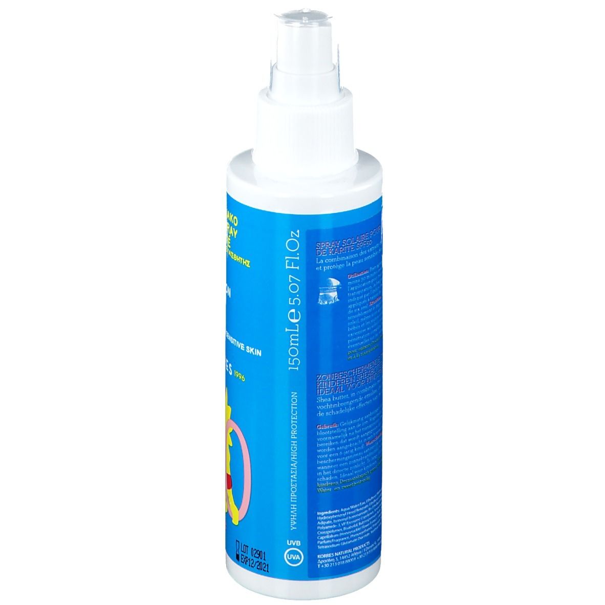 Dos de l'émulsion solaire pour enfants. Flacon bleu avec texte. 150ml. Symbole de protection UV.