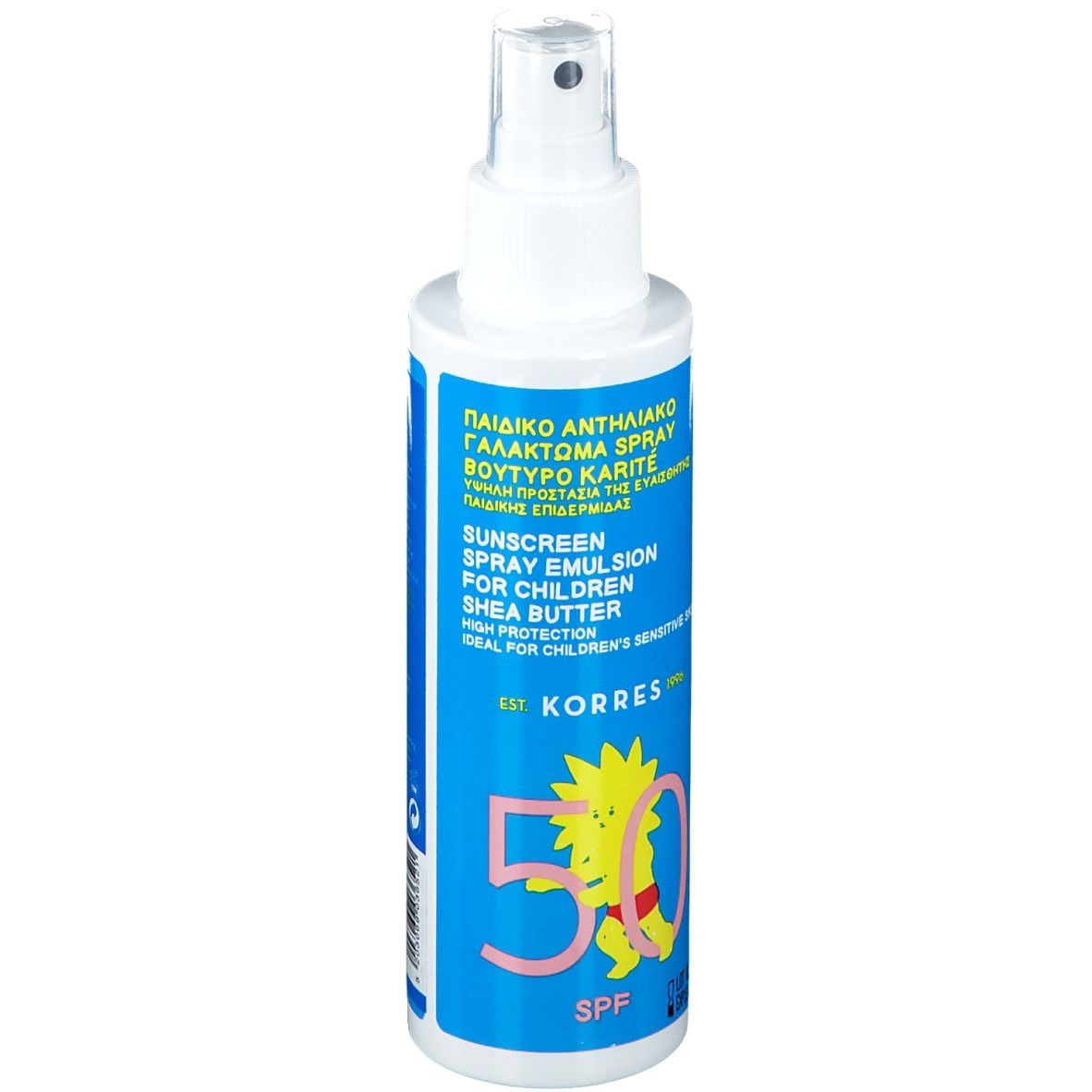 Émulsion solaire pour enfants. Flacon bleu avec vaporisateur blanc. SPF 50. Logo KORRES et dessin enfant.