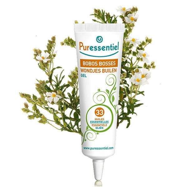 Tube de gel Puressentiel. Inscription : Bobos Bosses, Wondjes Builen, Gel. Contient 33 huiles essentielles. Design floral et logo de la marque.