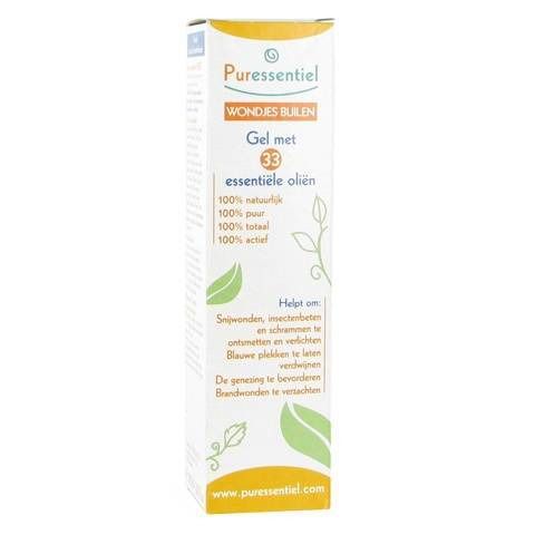 Boîte Puressentiel. Inscription : Wondjes Builen, Gel met 33 essentiële oliën. Ingrédients 100% naturels. Logo et informations sur le produit.