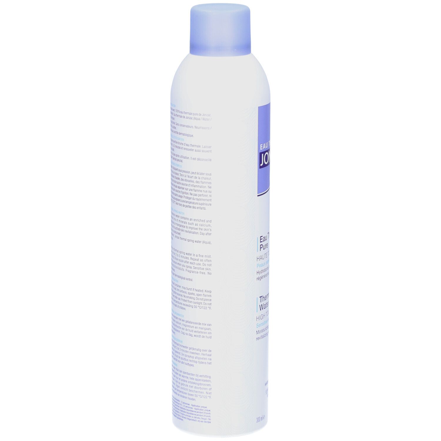 Flacon spray blanc avec texte. Étiquette violette avec texte. Tête de pulvérisation bleue. Texte sur le flacon.