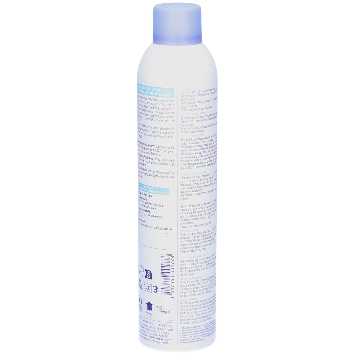 Flacon spray blanc avec texte. Étiquette violette avec texte. Tête de pulvérisation bleue. Texte au dos.