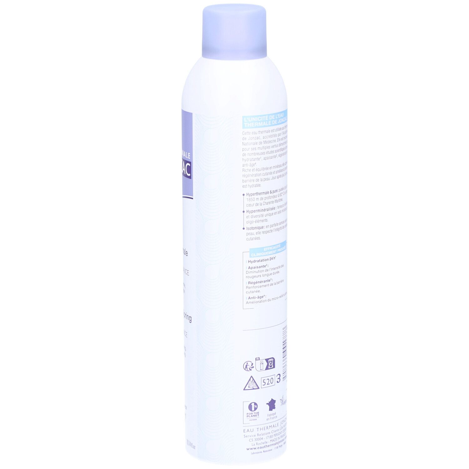 Flacon spray blanc avec texte. Étiquette violette avec texte. Tête de pulvérisation bleue. Texte au dos.