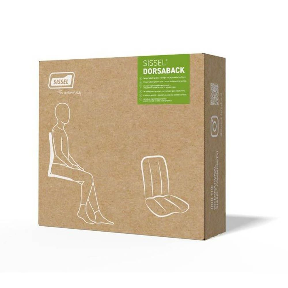 Kartonnen verpakking van Sissel® Dorsaback. Productafbeelding en tekst in meerdere talen.