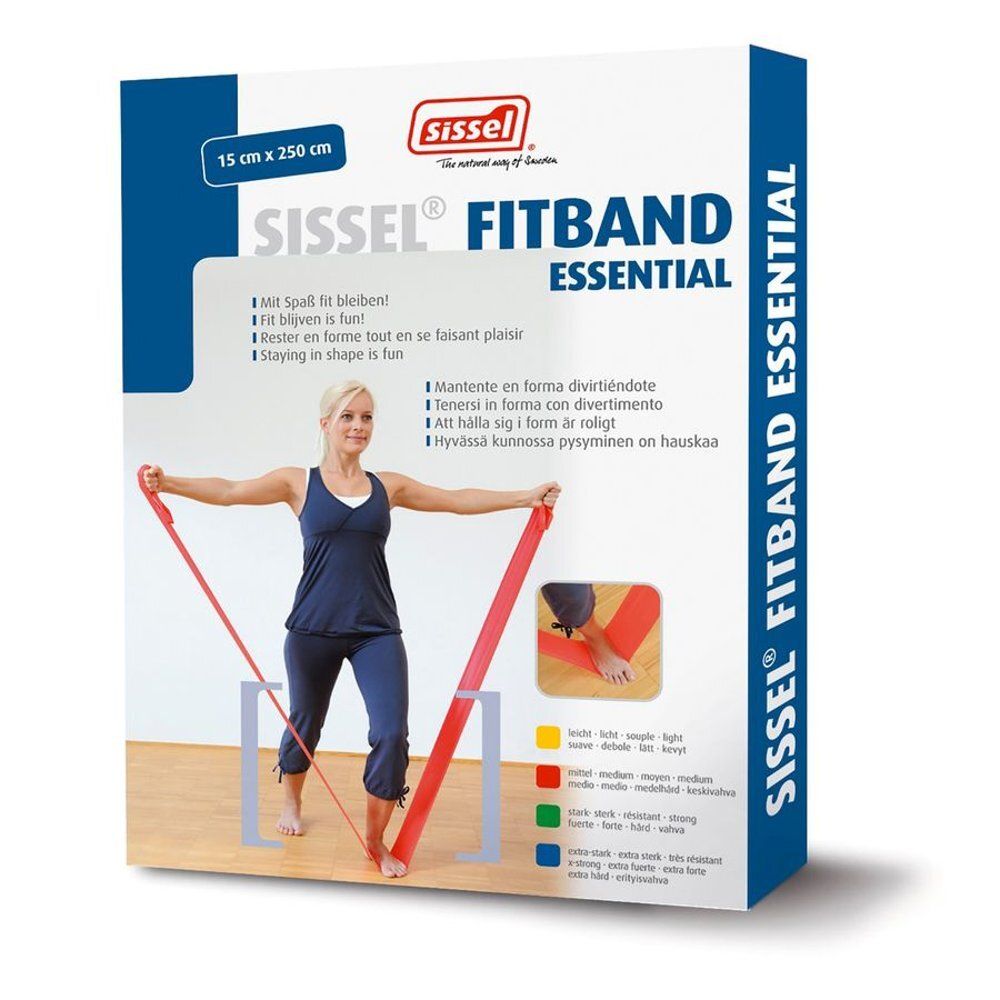 Verpakking Sissel Fitband Essential. Afmetingen 15 cm x 250 cm. Vrouw met rode band. Opschriften en logo. Blauwe achtergrond.