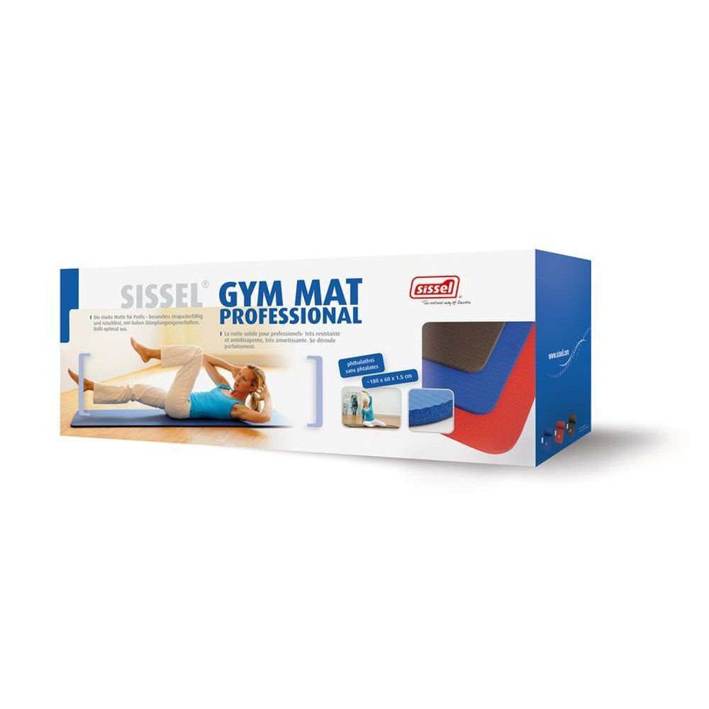Verpakking van de Sissel Gym Mat Professional. Opschrift: Sissel Gym Mat Professional. Afgebeeld: gymnastiekmat, vrouw aan het trainen.