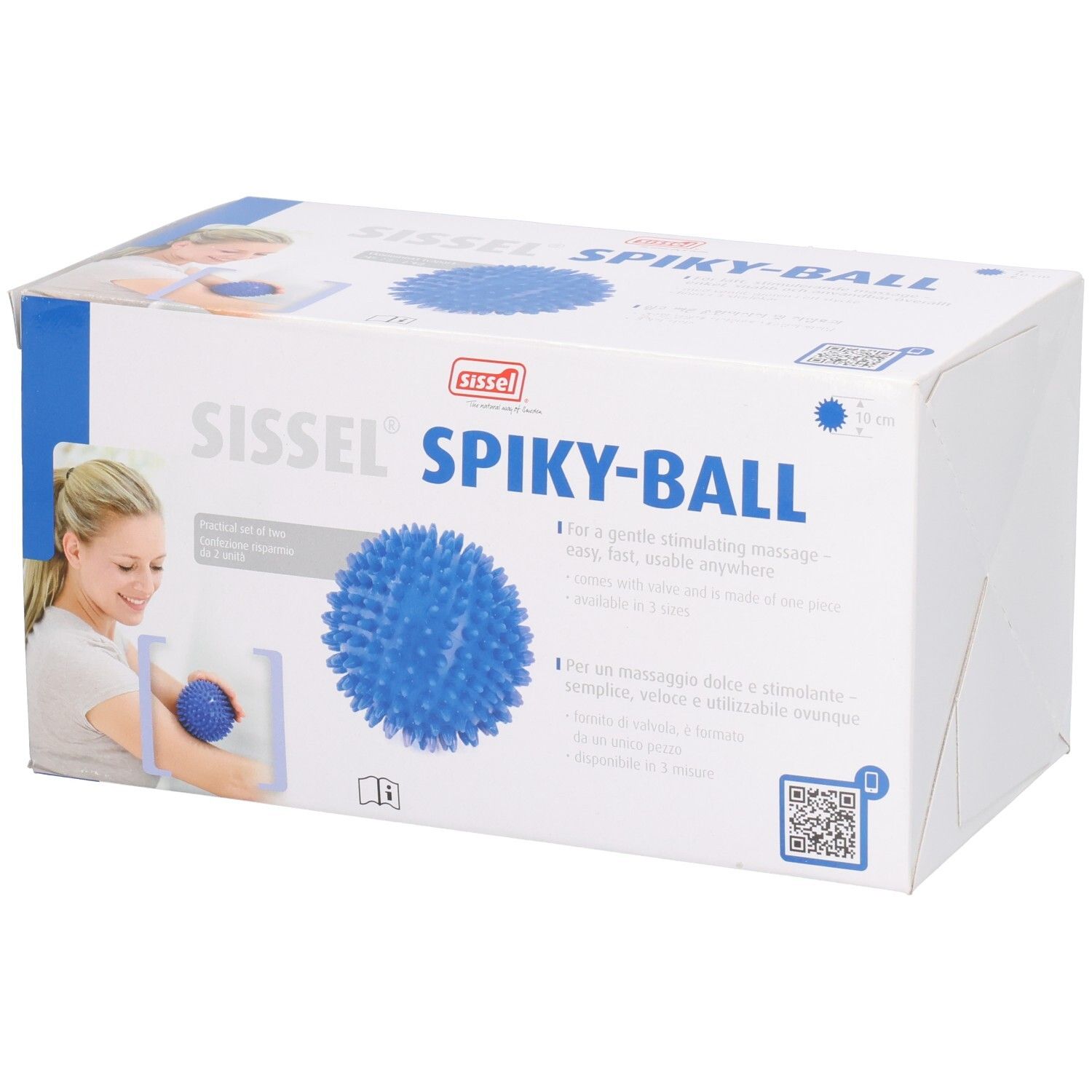 Boîte Sissel Spiky-Ball bleue. Texte: Sissel Spiky-Ball, balle de massage bleue, femme avec balle. Textes en allemand et français.