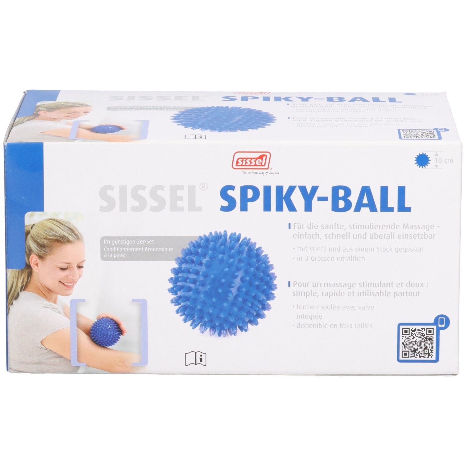 Boîte Sissel Spiky-Ball bleue. Texte: Sissel Spiky-Ball, balle de massage bleue, femme avec balle. Textes en allemand et français.