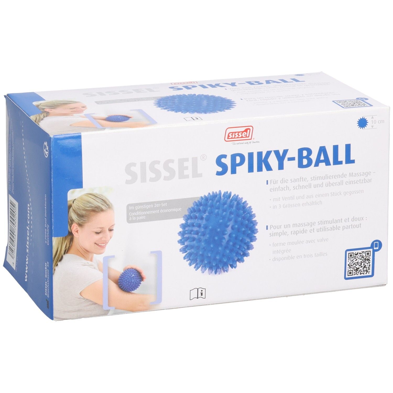 Boîte Sissel Spiky-Ball bleue. Texte: Sissel Spiky-Ball, balle de massage bleue, femme avec balle. Textes en allemand et français.