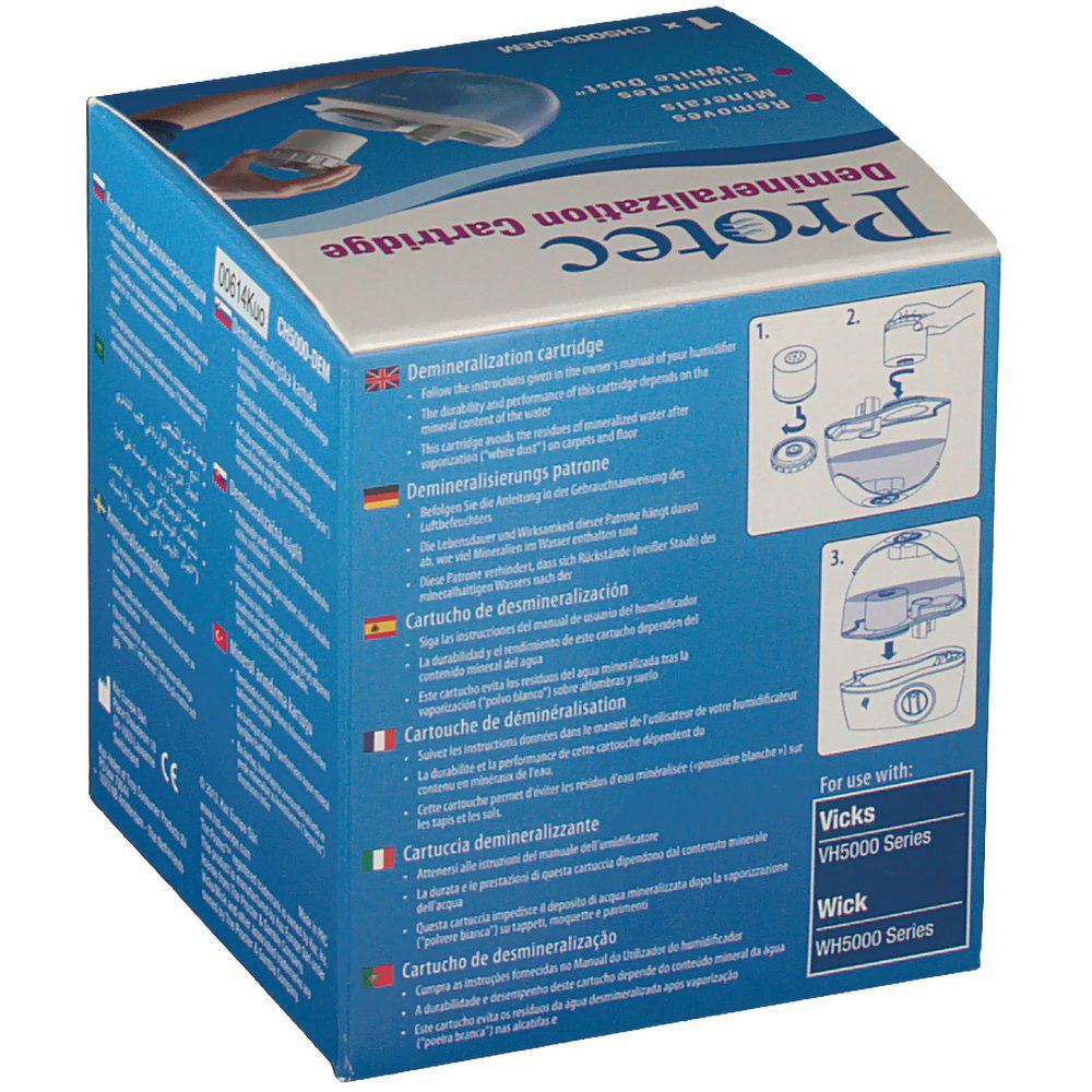 Dos d'une boîte bleue. Texte multilingue. Contient des illustrations d'utilisation. Convient aux séries Vicks VH5000.