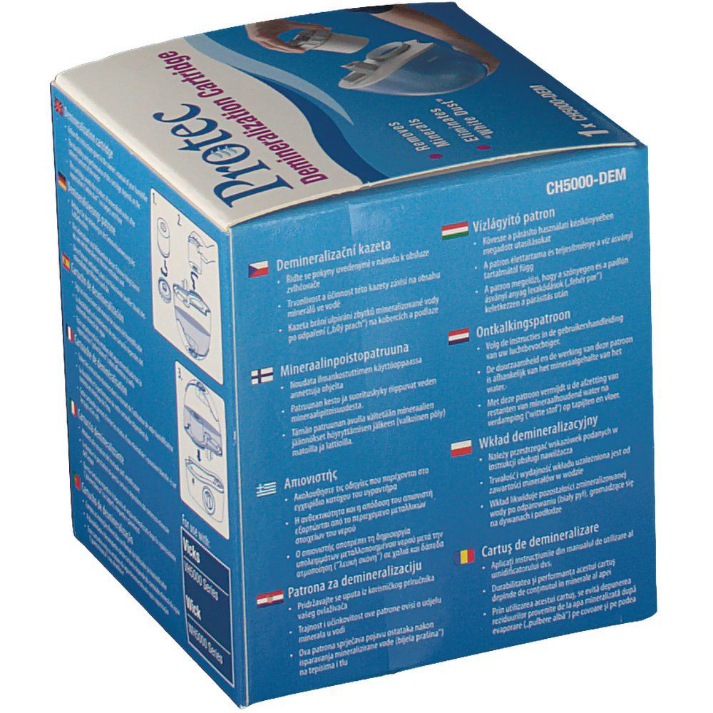 Dos d'une boîte bleue. Texte multilingue. Contient des illustrations d'utilisation. Convient aux séries Vicks VH5000.