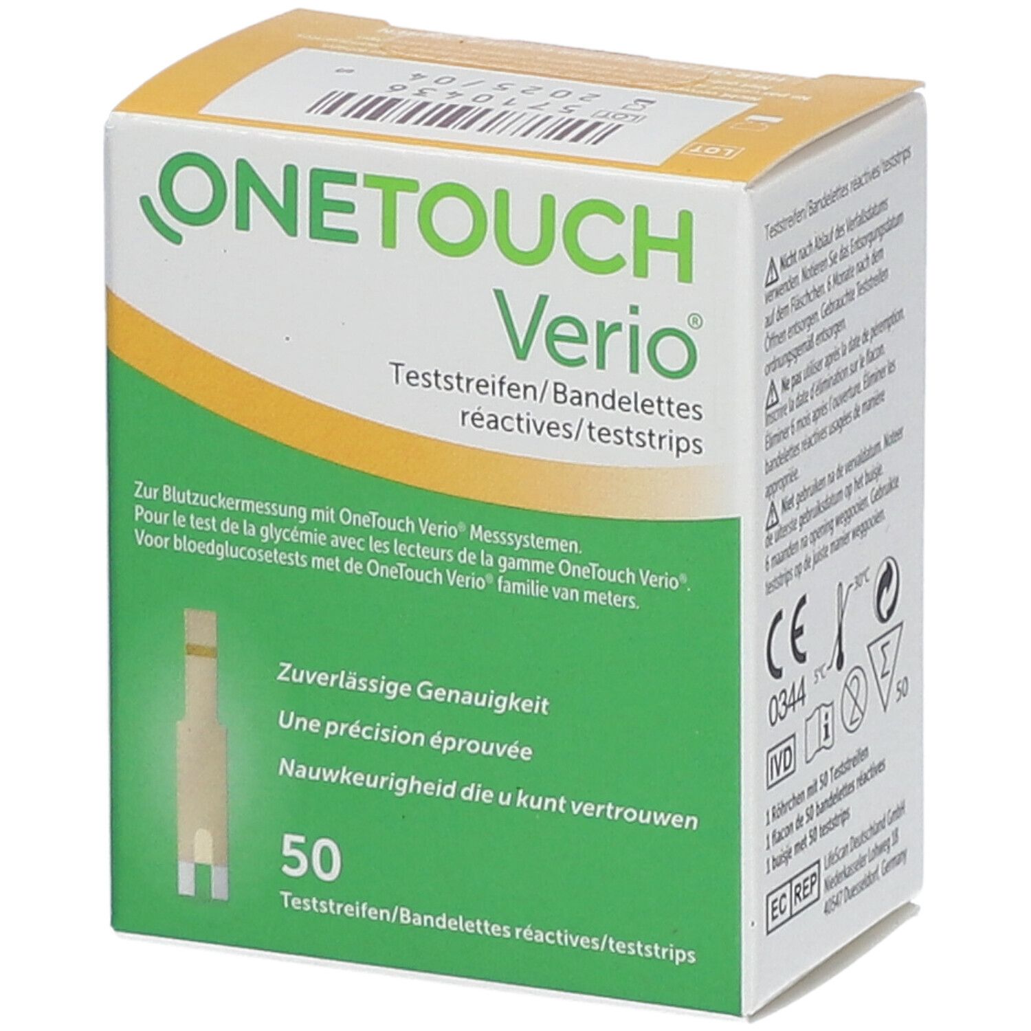 Verpakking OneTouch Verio teststrips. 50 strips. Groen-wit ontwerp met merklogo. Geel deksel.