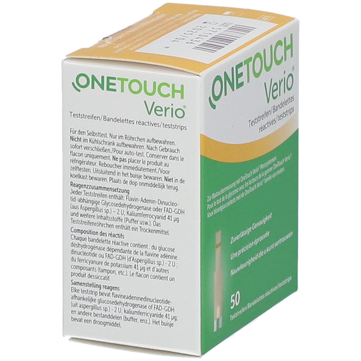 Verpakking OneTouch Verio teststrips. Achterkant met info en ingrediënten. Groen-wit ontwerp. Geel deksel.