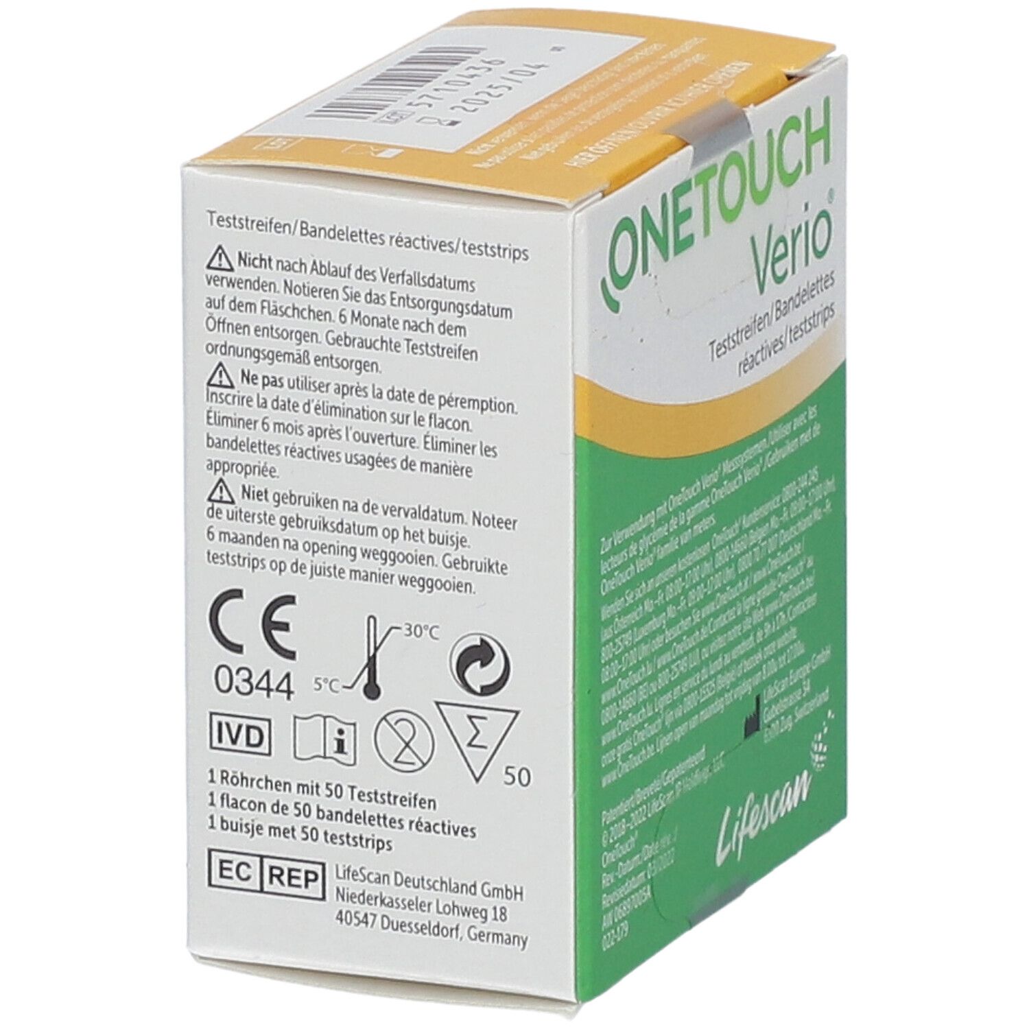 Verpakking OneTouch Verio teststrips. Achterkant met info over verwijdering. Groen-wit ontwerp. Geel deksel.