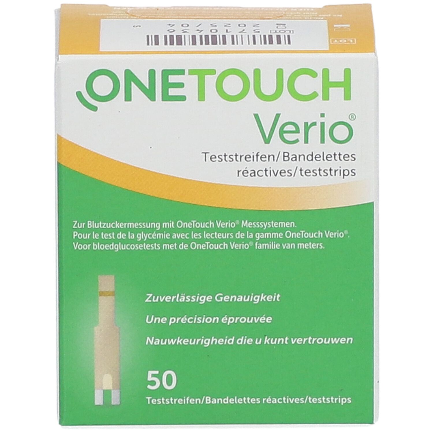 Verpakking OneTouch Verio teststrips. 50 strips. Groen-wit ontwerp met merklogo. Geel deksel.