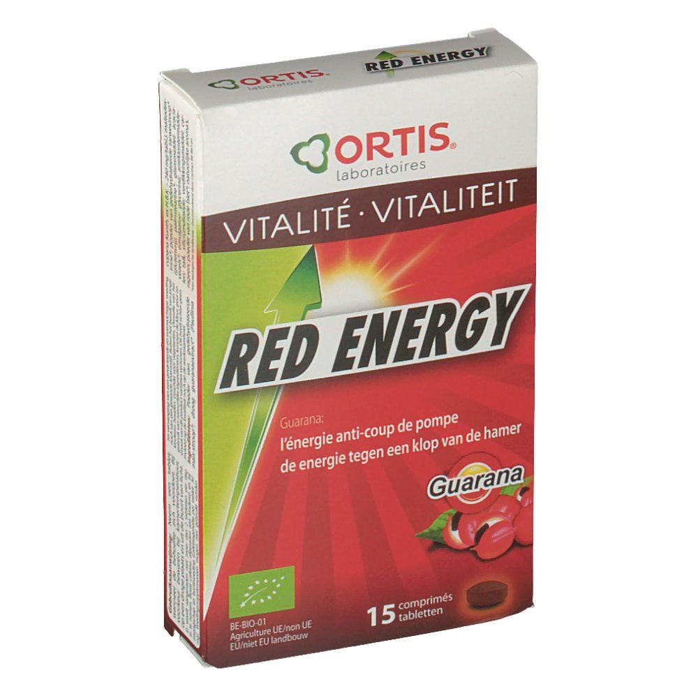 Doosje Ortis Red Energy Bio. Opschriften: Red Energy, Vitalité, 15 tabletten. Bio-label en guarana-afbeelding.