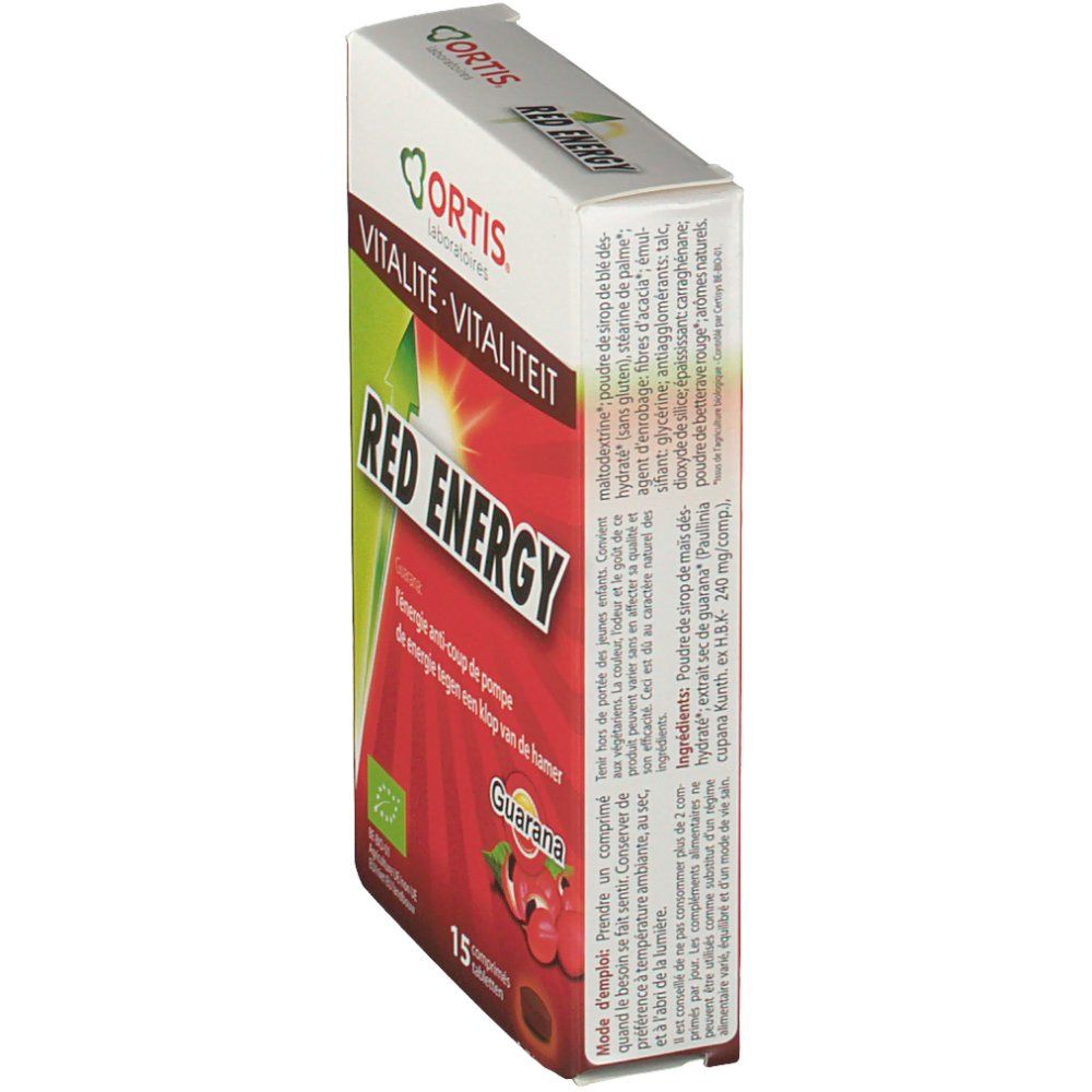 Zijaanzicht van de Ortis Red Energy Bio verpakking. Opschriften: Red Energy, Vitalité. Bevat 15 tabletten. Ingrediënten zichtbaar.