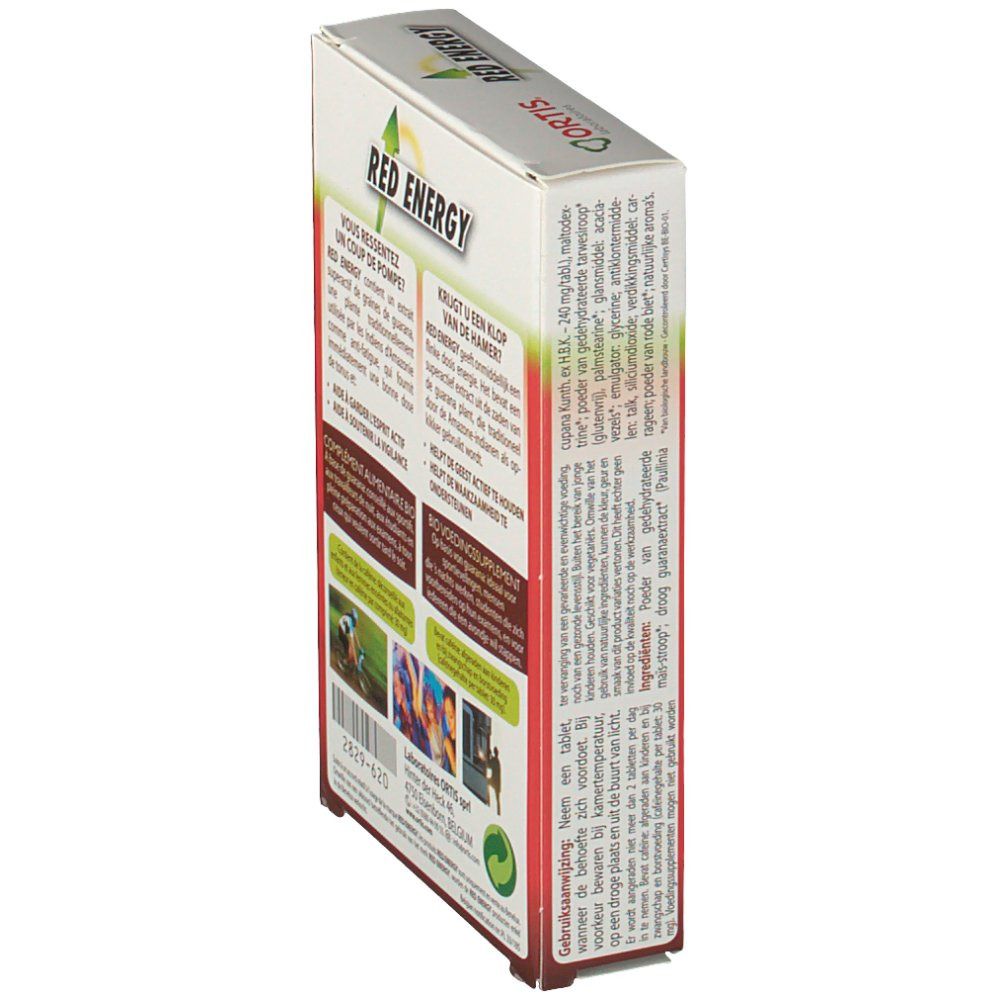 Zijaanzicht van de Ortis Red Energy Bio verpakking. Teksten in het Frans en Nederlands. Ingrediënten en gebruiksaanwijzing.
