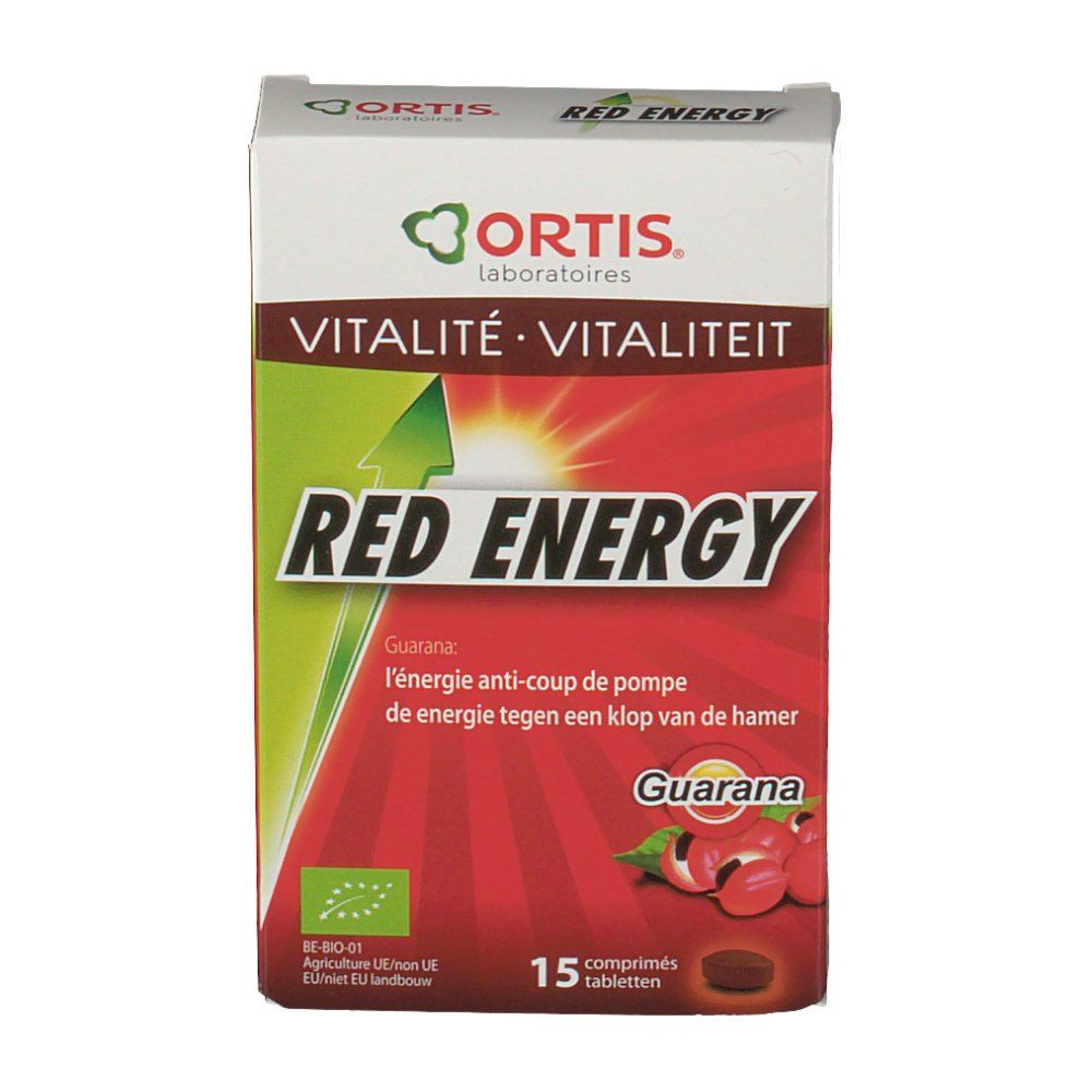 Vooraanzicht van de Ortis Red Energy Bio verpakking. Opschriften: Red Energy, Vitalité, 15 tabletten. Bio-label en guarana.