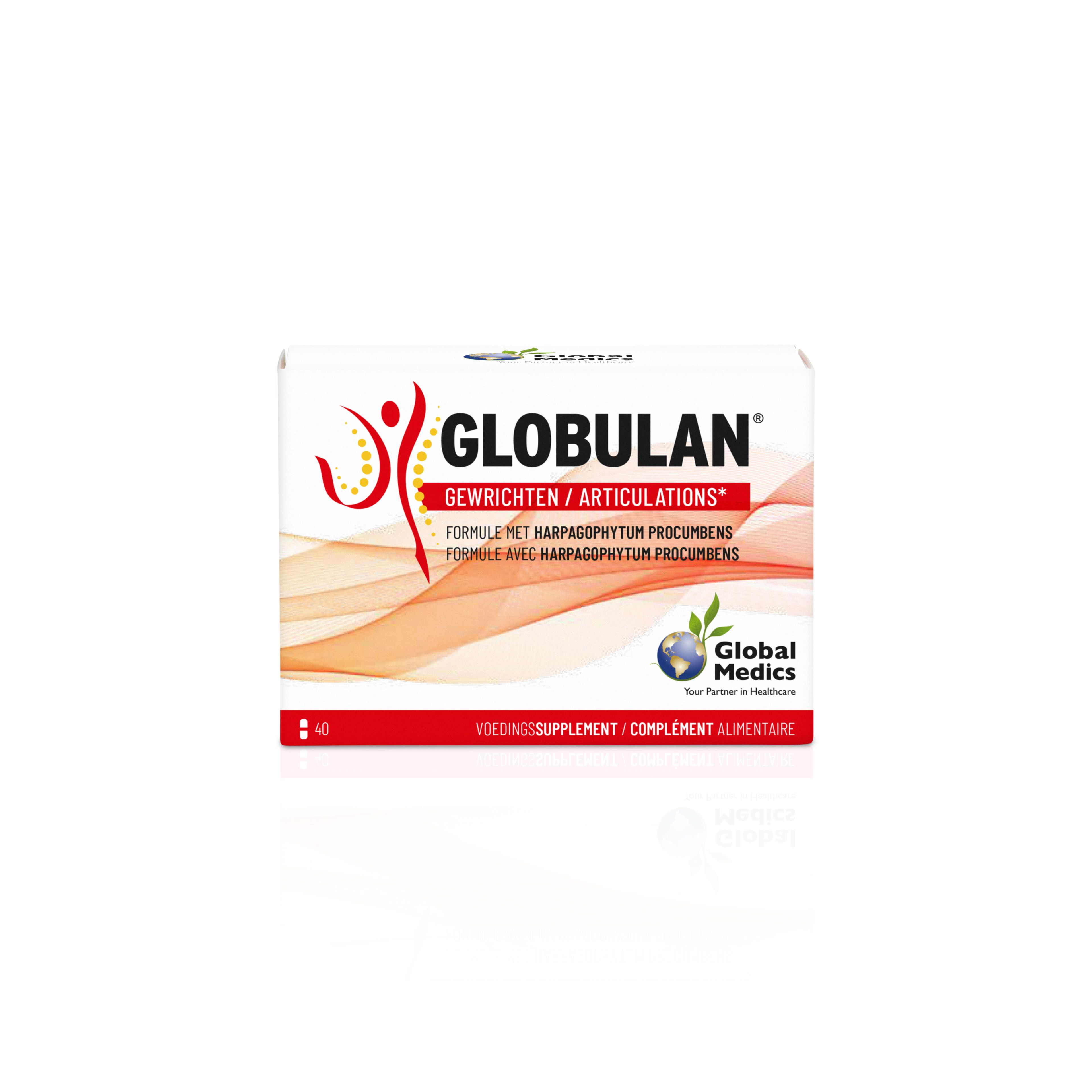 Globulan voedingssupplement verpakking met 40 capsules.