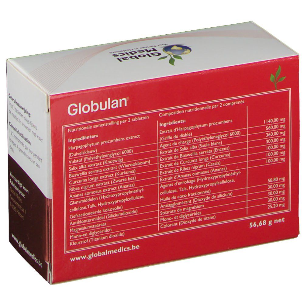 Dos de l'emballage Globulan avec informations nutritionnelles et ingrédients.