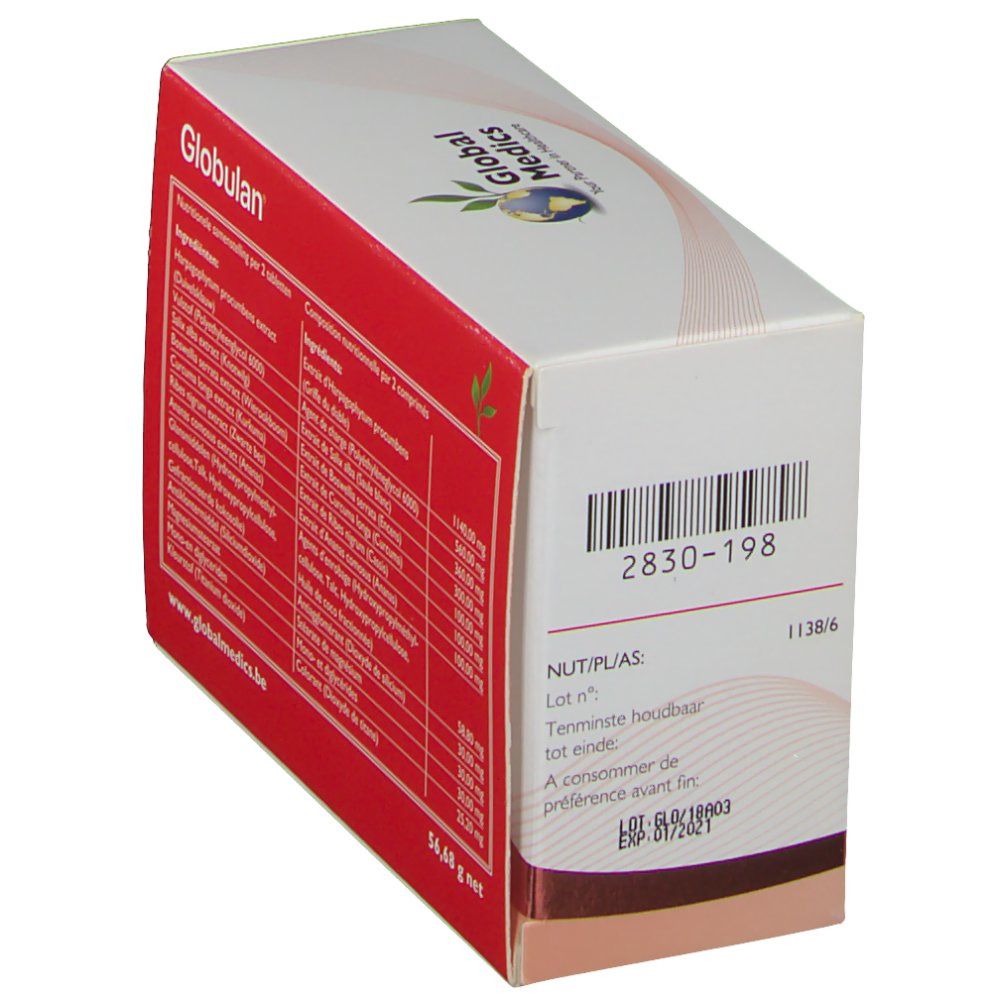 Emballage Globulan avec numéro de lot et date d'expiration.