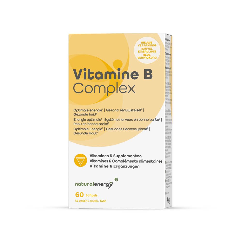 Verpakking van Vitamine B Complex. Bevat 60 softgels. Gele en witte verpakking met productnaam en logo.